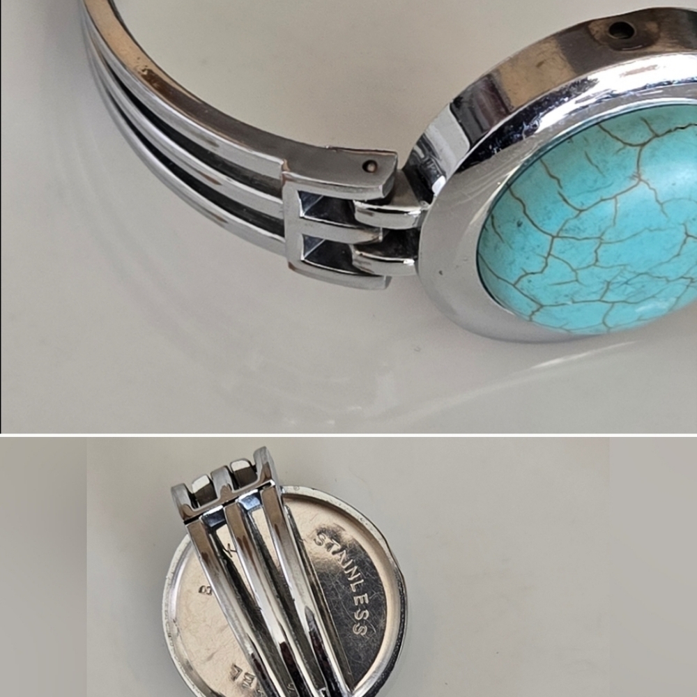 Vintage Faux Turquoise Silvertone Watch Band Style Bracelet - Picture 2 of 3